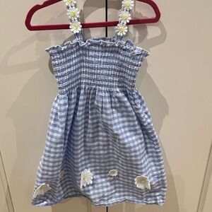 Blue Checkered Kids Dress with Floral Details